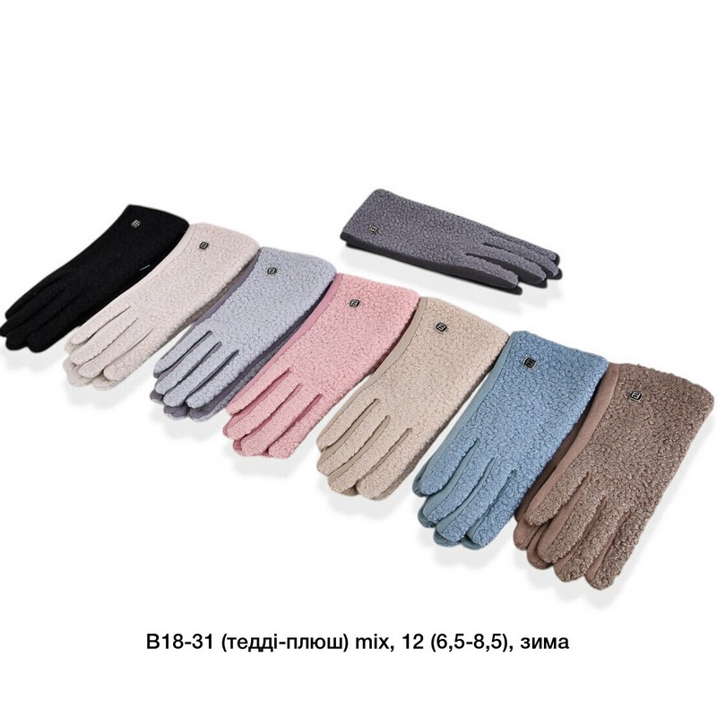 Перчатки женские, сенсор 12 шт (6,5-8,5 р) тедди/плюш LeR_B18-31