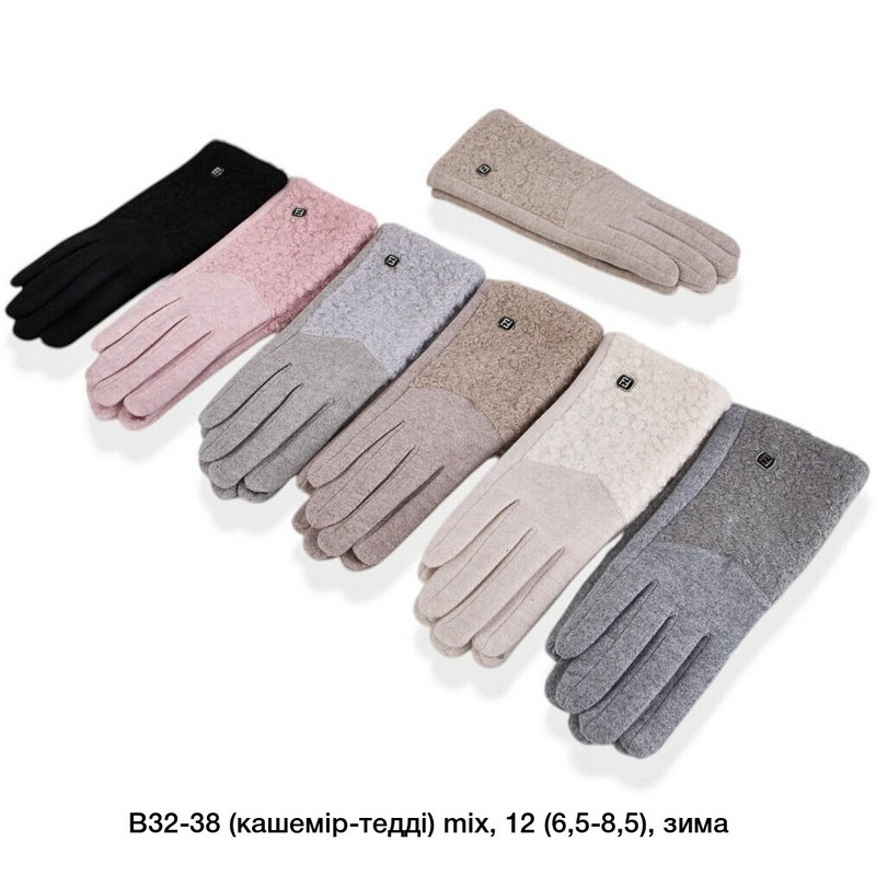 Перчатки женские, сенсор 12 шт (6,5-8,5 р) тедди/плюш LeR_B32-38